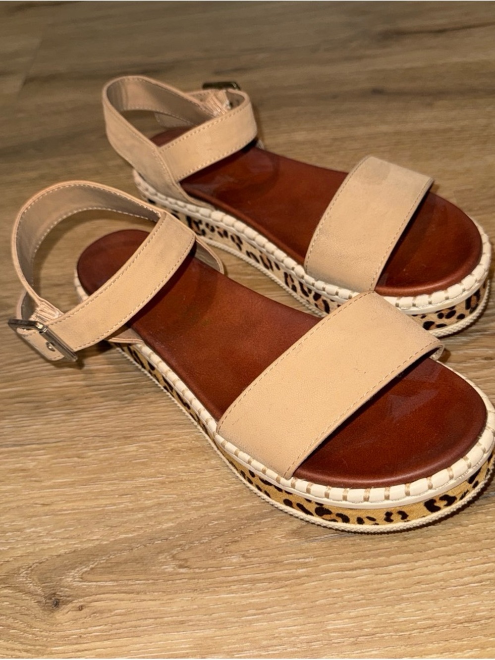 Altar'd State Beige Strap Sandal with Leopard-Trim Platform